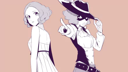 Haru Okumura (Persona 5) shown in two stylized poses — civilian and masked Phantom Thief — minimalist HD PC desktop wallpaper/background in pink‑beige tones.