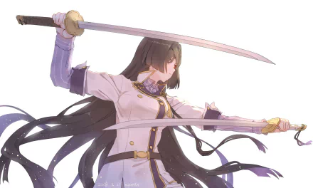 HD PC wallpaper: Yukari Origami from Toji no Miko, anime-style in a white uniform with flowing dark hair, poised with twin katanas on a soft pale background.