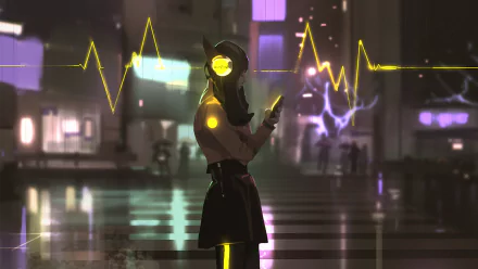 An anime character wearing headphones stands in a futuristic cityscape, glowing yellow sound waves surrounding them. The HD wallpaper and background capture a vibrant, digital atmosphere.