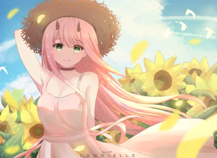 A vibrant illustration of Zero Two from *Darling in the FranXX*, featuring her long pink hair, green eyes, and a straw hat, set against a backdrop of sunflowers in a sunny field.