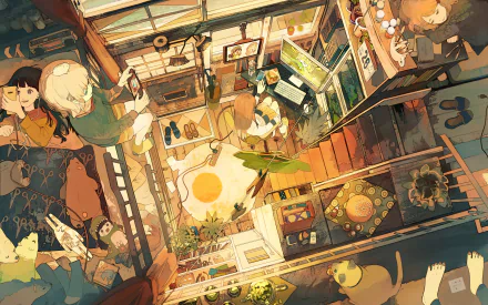 An HD anime wallpaper depicting a cozy room with an orange-haired person, teacup, teapot, console, smartphone, computer, an orange cat, and various characters with varying hair colors and lengths, smiling and interacting.