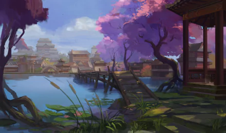 HD PC desktop wallpaper/background — fantasy oriental scenery: lakeside village with pagoda roofs, pink blossom trees, a wooden bridge and tranquil water beneath a soft sky.