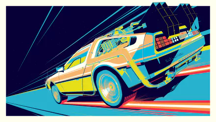 HD desktop wallpaper featuring a stylized DeLorean time machine from the movie Back to the Future, captured in vibrant, dynamic colors and lines.