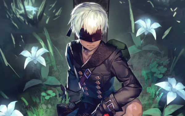 HD PC desktop wallpaper featuring YoRHa No.9 Type S from the video game NieR: Automata, surrounded by glowing white flowers in a dark, mystical setting.