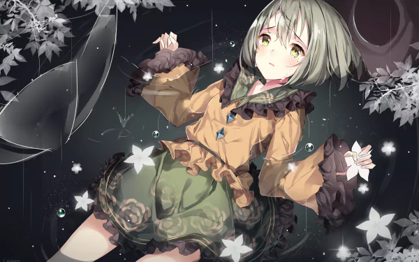 Anime-style illustration of Koishi Komeiji from Touhou amid falling rain and petals, rendered in detailed 4K Ultra HD quality for a vibrant PC desktop background.