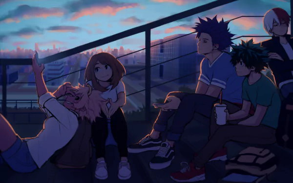HD desktop wallpaper featuring Hitoshi Shinso, Shoto Todoroki, Izuku Midoriya, Mina Ashido, and Ochaco Uraraka from My Hero Academia, relaxing on steps at sunset.