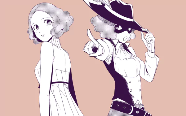 Haru Okumura (Persona 5) shown in two stylized poses — civilian and masked Phantom Thief — minimalist HD PC desktop wallpaper/background in pink‑beige tones.