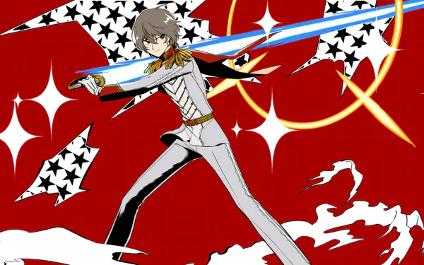 HD PC desktop wallpaper featuring Goro Akechi from Persona 5 in a dynamic pose with a red background and graphic star and ring patterns.