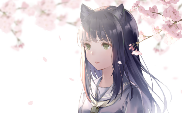 Anime Original Long Hair Cat Girl Cherry Blossom Green Eyes HD Wallpaper | Background Image