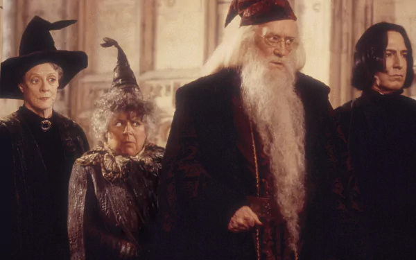 HD PC desktop wallpaper featuring a scene from the movie Harry Potter and the Chamber of Secrets with key Hogwarts characters in a castle setting.