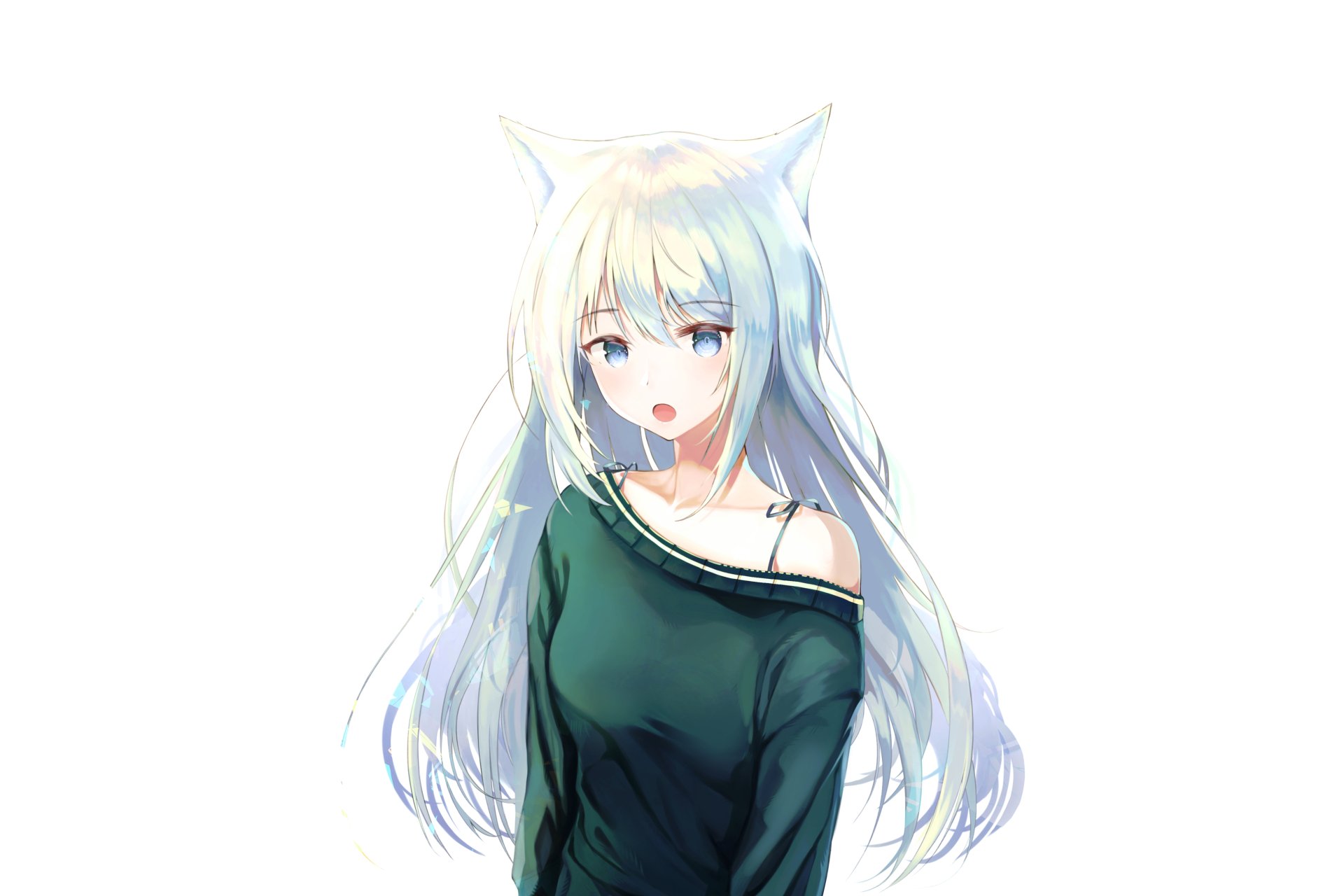 4K Ultra HD anime girl with long white hair and cat ears, wearing a dark off-shoulder top against a clean white background, designed as a PC desktop wallpaper.