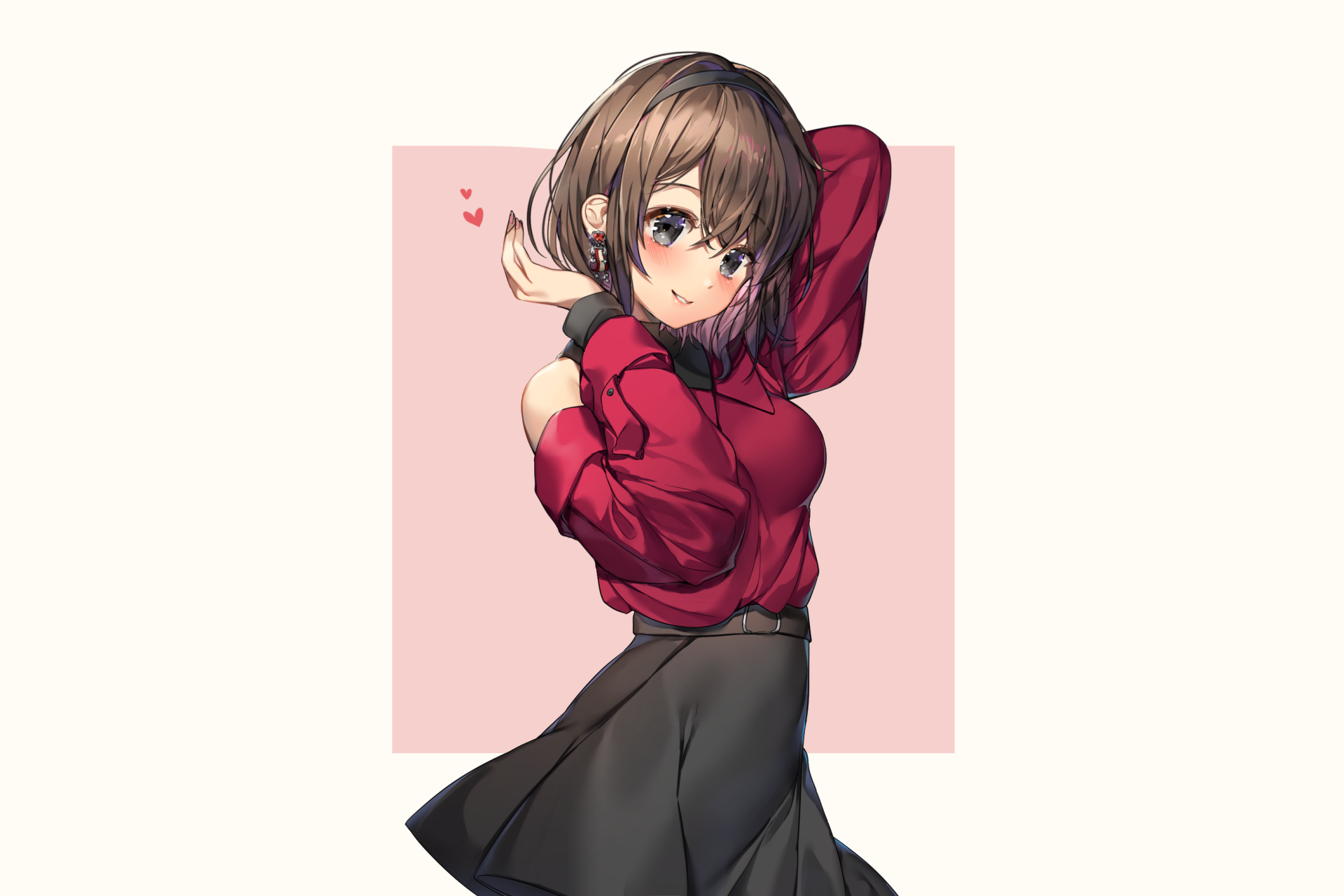 HD anime-style original artwork of a girl with short brown hair, wearing a red sweater and black skirt, designed as a PC desktop wallpaper and background.