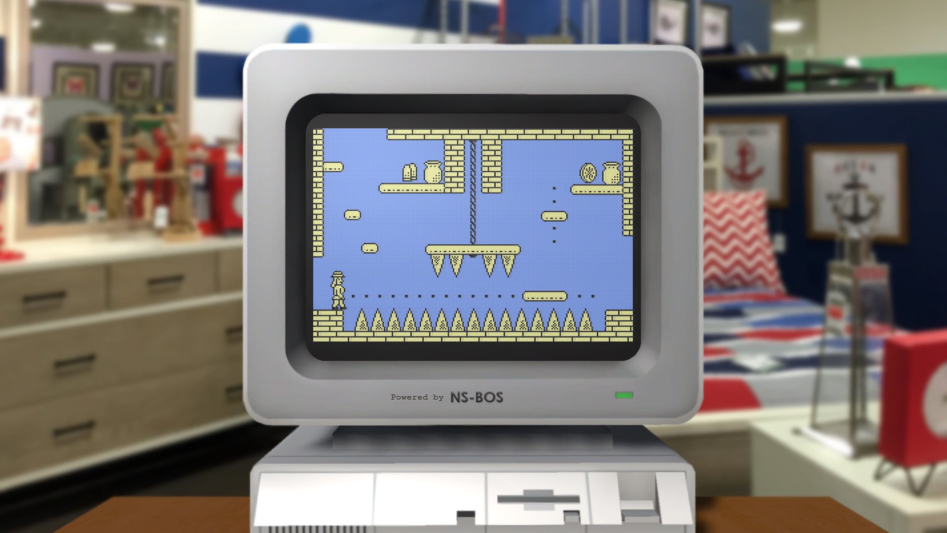 HD wallpaper featuring The Adventures of Elena Temple game on a vintage computer screen, set against a blurred office background.