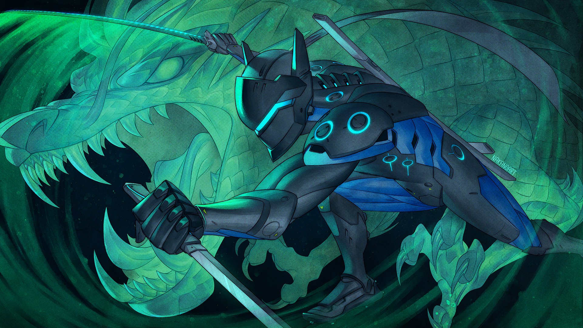 Genji (Overwatch) video game art: cybernetic ninja crouches with katana before a swirling green dragon — HD PC desktop wallpaper/background.