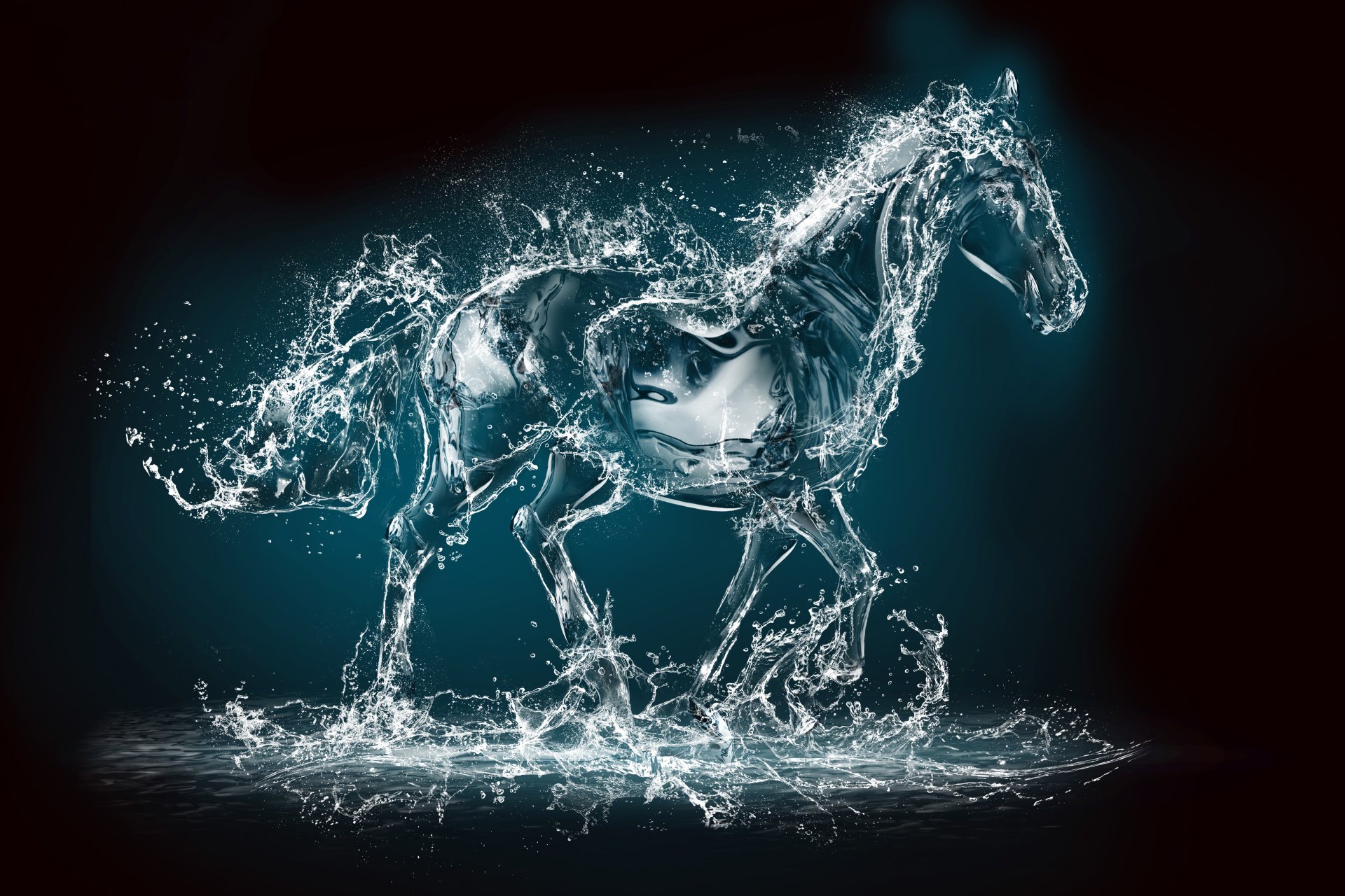8K Ultra HD PC desktop wallpaper of a horse formed entirely from splashing water, capturing dynamic motion against a dark background.