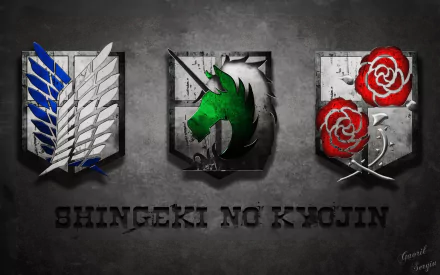 HD desktop wallpaper depicting logos from the anime Attack on Titan (Shingeki no Kyojin), including the Wings of Freedom, Garrison Regiment, and Military Police Brigade.