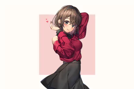 HD anime-style original artwork of a girl with short brown hair, wearing a red sweater and black skirt, designed as a PC desktop wallpaper and background.
