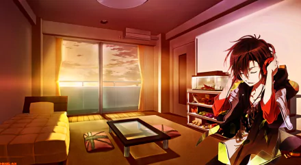 HD PC wallpaper: Yoshino Takigawa from Zetsuen no Tempest wearing headphones in a warm, sunlit anime room, seated by a low table with balcony light flooding the cozy apartment.