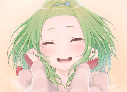 HD PC desktop wallpaper/background of Virtual YouTuber Morinaka Kazaki: smiling green-haired girl with braids, rosy cheeks, eyes closed in a warm, cheerful expression.