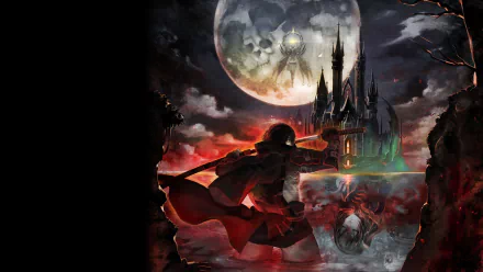 HD desktop wallpaper for Bloodstained: Curse of the Moon featuring a gothic castle, a full moon, and a warrior amidst a mystical backdrop.