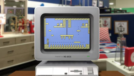 HD wallpaper featuring The Adventures of Elena Temple game on a vintage computer screen, set against a blurred office background.