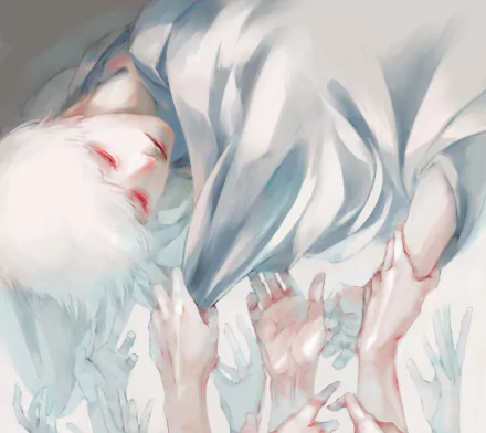Ken Kaneki (Tokyo Ghoul) lying beneath pale sheets, white hair and red-rimmed eyes, soft painterly anime scene, 2K Quad HD PC desktop wallpaper/background.