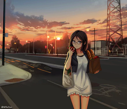 Anime girl with long black hair and purple eyes wearing glasses, holding groceries at sunset on an empty street, captured in a vibrant HD desktop wallpaper.
