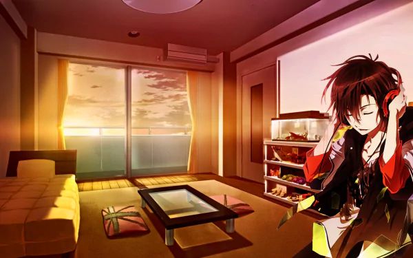 HD PC wallpaper: Yoshino Takigawa from Zetsuen no Tempest wearing headphones in a warm, sunlit anime room, seated by a low table with balcony light flooding the cozy apartment.