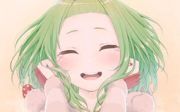 HD PC desktop wallpaper/background of Virtual YouTuber Morinaka Kazaki: smiling green-haired girl with braids, rosy cheeks, eyes closed in a warm, cheerful expression.