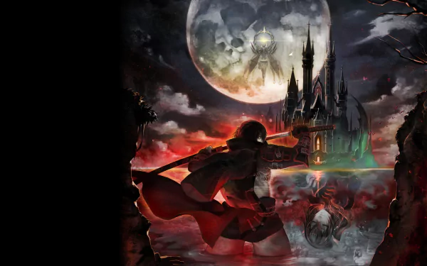 HD desktop wallpaper for Bloodstained: Curse of the Moon featuring a gothic castle, a full moon, and a warrior amidst a mystical backdrop.