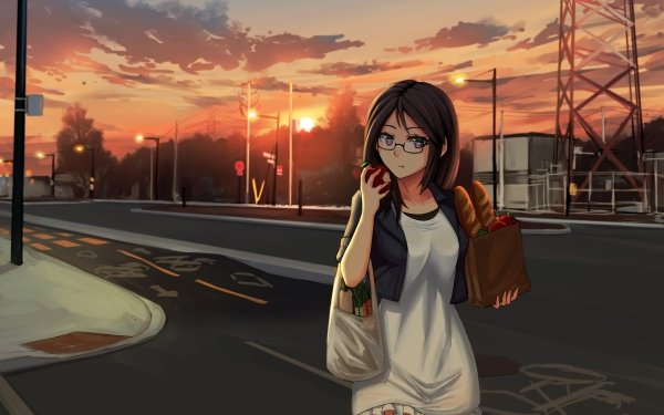 Anime Girl Long Hair Black Hair Sunset Glasses Purple Eyes HD Wallpaper | Background Image