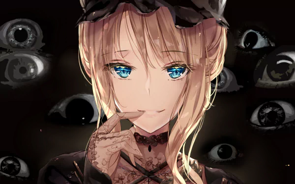 Yukari Yakumo (Touhou) anime portrait: blue-eyed, lace-gloved, smirking amid floating eyes on a dark backdrop — 2K Quad HD PC desktop wallpaper/background.