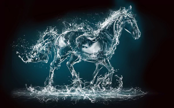 8K Ultra HD PC desktop wallpaper of a horse formed entirely from splashing water, capturing dynamic motion against a dark background.