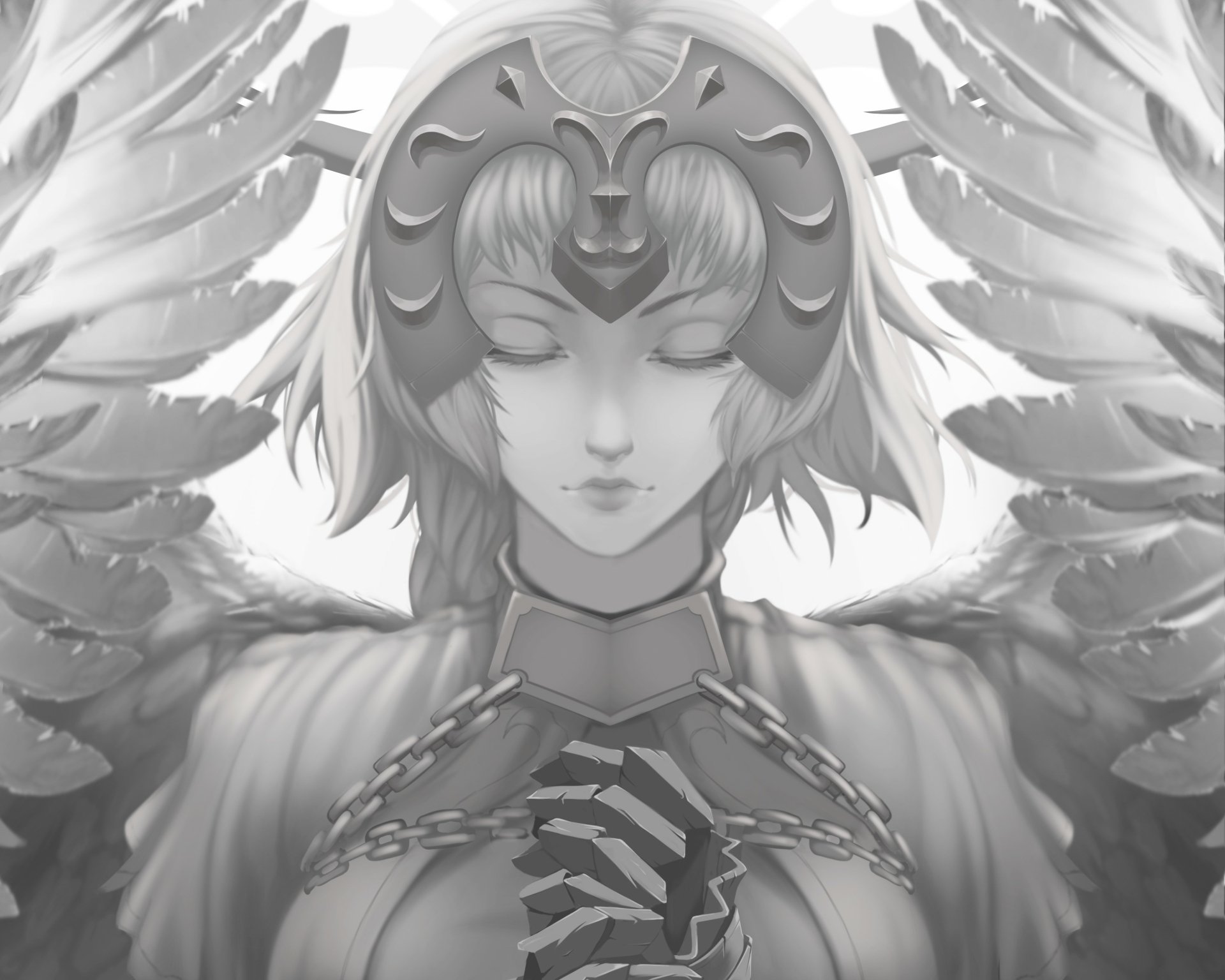 Monochrome 4K anime wallpaper featuring Jeanne d'Arc from Fate series in prayer, with long hair, angel wings, and detailed feathered armor in black and white.