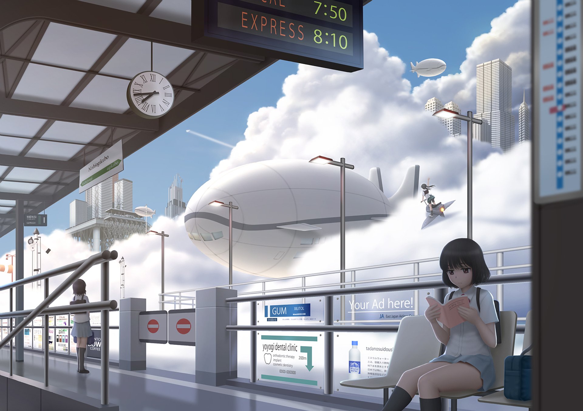 Anime-style HD PC desktop wallpaper featuring a futuristic cityscape with a blimp in the sky and a girl sitting at a modern train station platform.