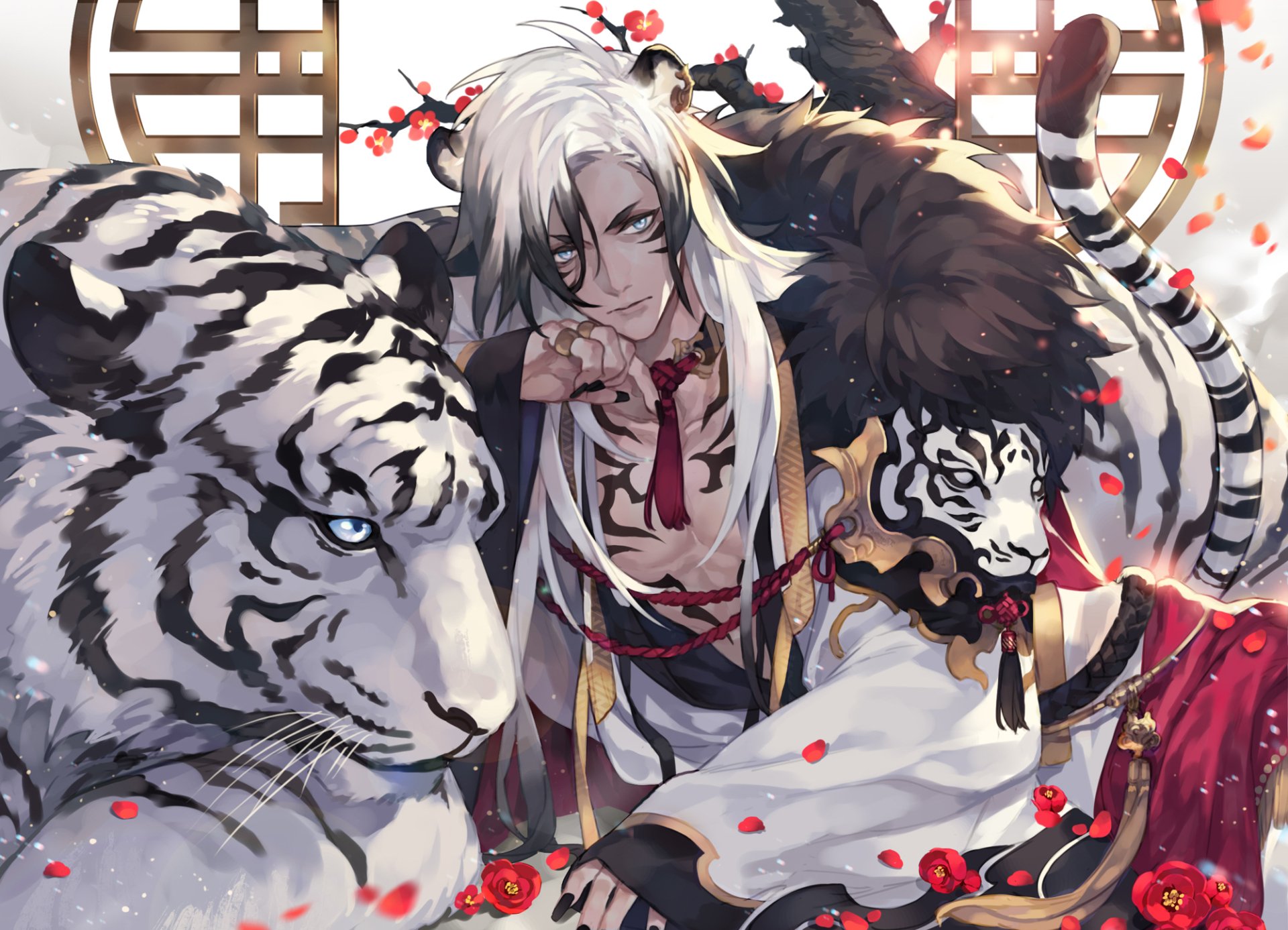 Anime-style character with long black and white hair, striking blue eyes, and armor, flanked by two majestic tigers, set against an intricate background in HD detail.