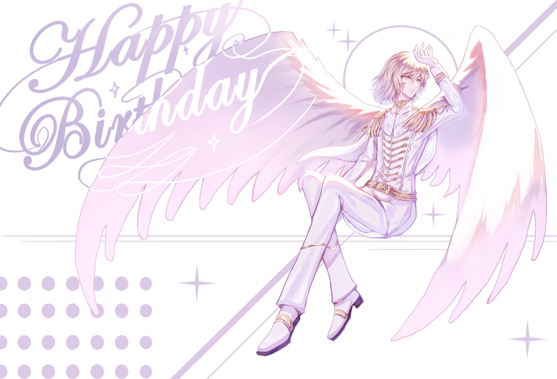 4K Ultra HD PC desktop wallpaper of Persona 5 video game character Goro Akechi as an angel with soft pink wings, seated against a pastel background with Happy Birthday text.