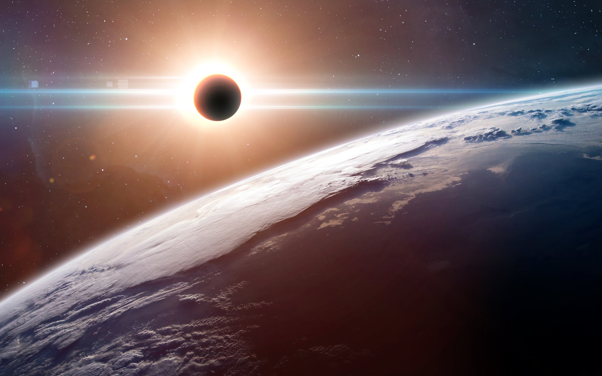 A sci-fi 4K Ultra HD desktop wallpaper depicting a glowing planet with a nearby eclipsed sun, set against a starry space background.