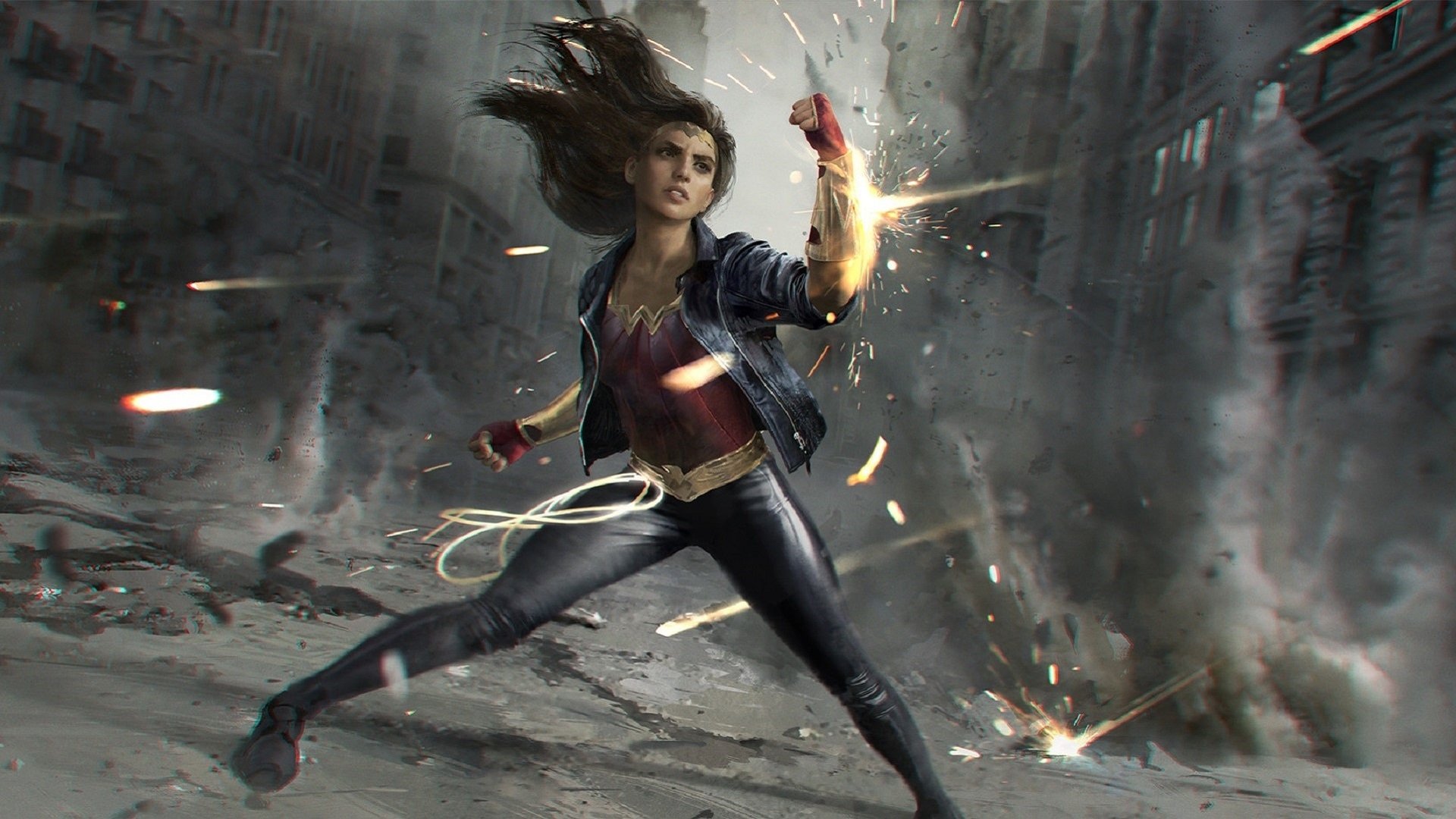 HD PC desktop wallpaper of Wonder Woman in a dynamic city scene, deflecting bullets with a glowing gauntlet in a dramatic comic-style action pose.