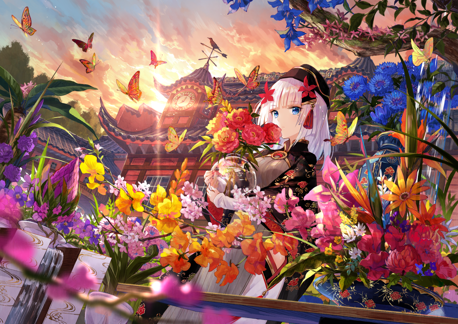 Anime-inspired original HD desktop wallpaper featuring a white-haired character in vibrant floral surroundings with butterflies against a traditional architectural backdrop.