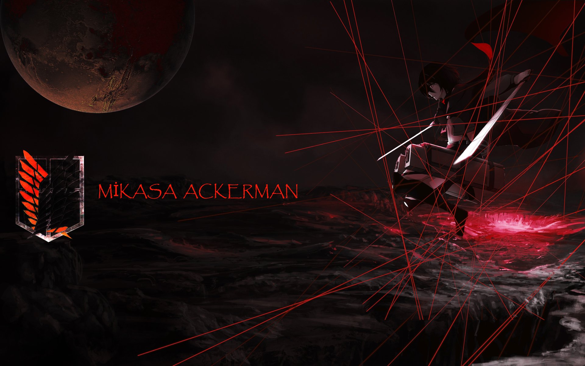 Mikasa Ackerman from Attack on Titan in a dark, intense scene with red accents, featured in a 4K Ultra HD anime desktop wallpaper.