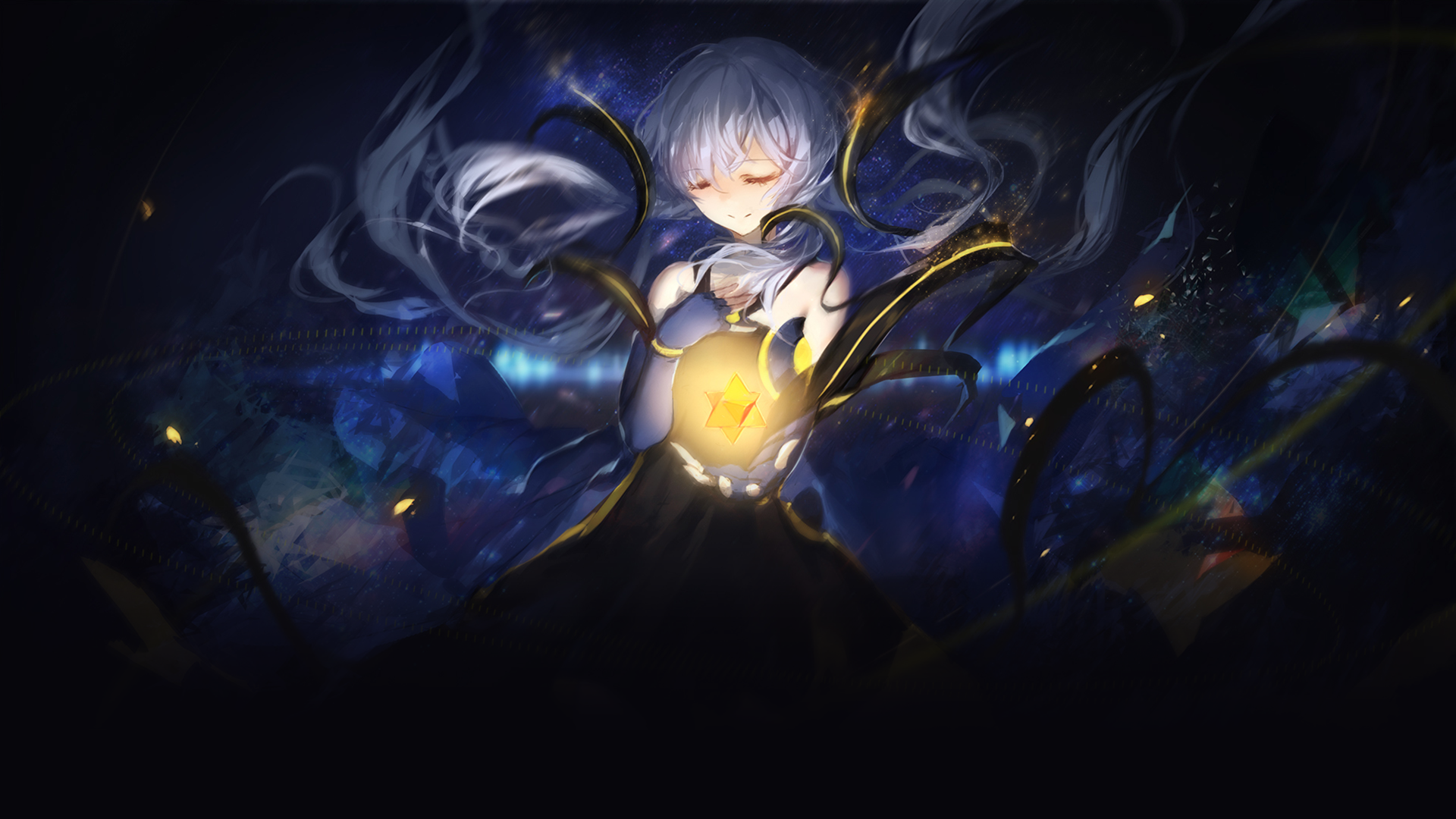 Stardust (Vocaloid) in anime style cradles a glowing star orb amid swirling cosmic darkness — HD PC desktop wallpaper.