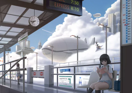 Anime-style HD PC desktop wallpaper featuring a futuristic cityscape with a blimp in the sky and a girl sitting at a modern train station platform.