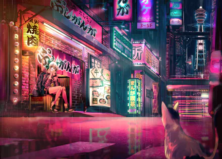 HD anime wallpaper of a neon-lit street scene. A character with white hair sits near a restaurant, as a cat watches from the foreground. The urban background features various colorful signage.