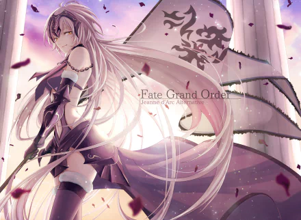 HD desktop wallpaper featuring Jeanne d'Arc Alter from Fate/Grand Order, showcasing her in an anime style with dramatic lighting and flowing hair, set against a majestic backdrop.