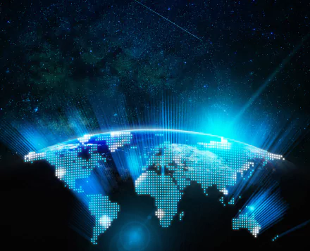 A 4K Ultra HD digital globe with pixelated continents illuminated by radiant blue light beams, set against a starry cosmic background, representing technology and internet connectivity.