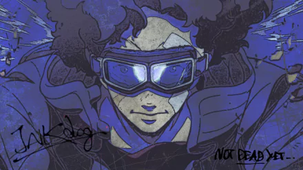 HD desktop wallpaper of Joe from the anime Megalo Box, featuring a detailed, stylized illustration with a gritty, intense atmosphere. The image includes text NOT DEAD YET and INKology in the corners.