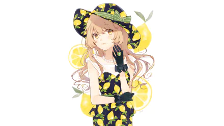 A stylish anime girl with long blonde hair and yellow eyes wears a lemon-patterned dress, gloves, and a matching hat, set against a cheerful lemon backdrop. 