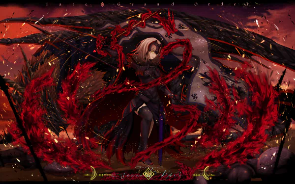 HD desktop wallpaper featuring Jeanne d'Arc Alter from Fate/Grand Order, with short hair, yellow eyes, and thigh highs, wielding a lance alongside a dragon in a fiery red and dark themed background.