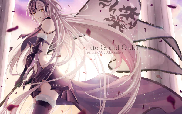 HD desktop wallpaper featuring Jeanne d'Arc Alter from Fate/Grand Order, showcasing her in an anime style with dramatic lighting and flowing hair, set against a majestic backdrop.